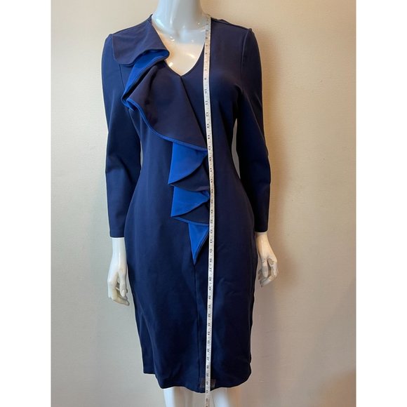 SABIE Women's Sheath Midi Dress Draped Ruffle V Neck Long Sleeve Blue Size Large - Picture 3 of 9